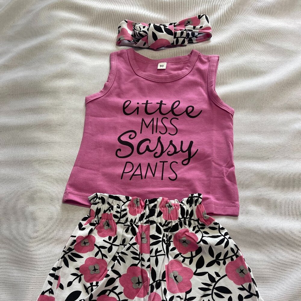Pink 'Little Miss Sassy Pants' Tank and Floral Shorts Set with head band